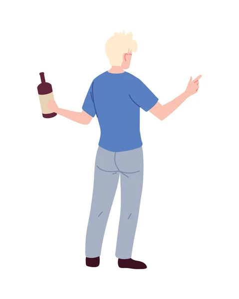 Joven parado boca arriba con una botella de vino en la mano — Vector de stock