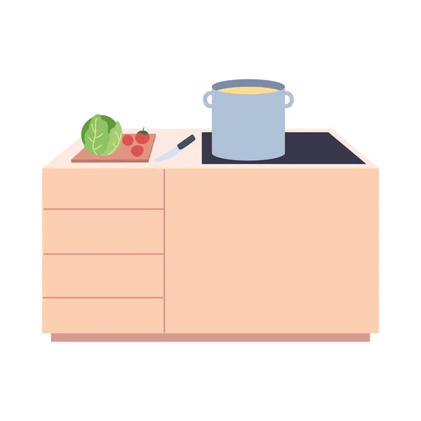 Bancadas de cozinha coloridas de madeira clara com panela e legumes — Vetor de Stock