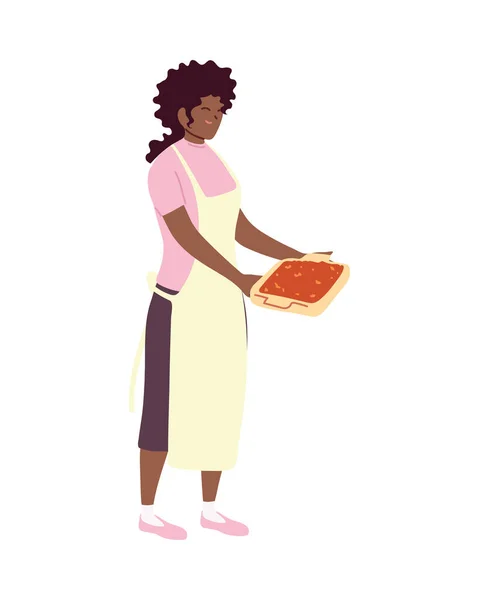 Young cook woman with apron and dinner in hand on white background — Stock Vector