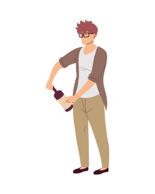 Gözlüklü ve elinde şarap şişesiyle genç bir adam.