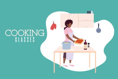 Genç bir kadın mutfakta lezzetli bir tarif pişiriyor.