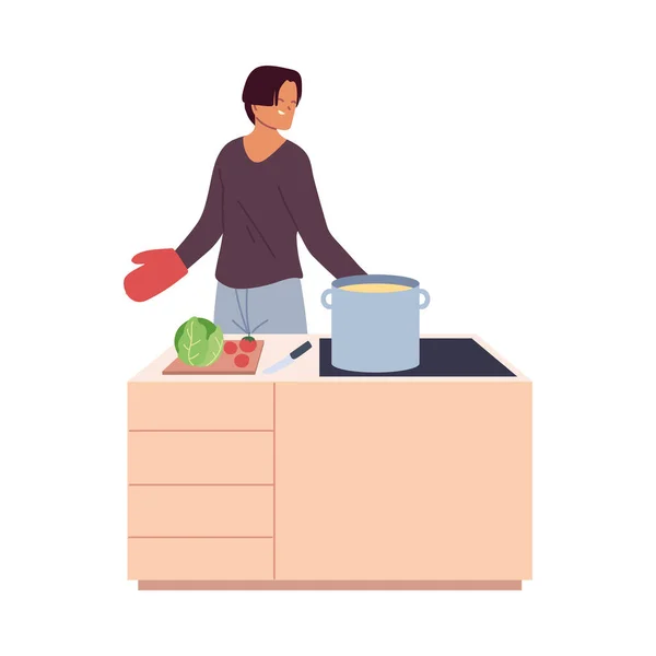Young man cooked a delicious soup in the kitchen — Stock Vector