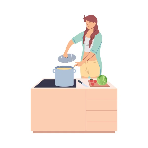 Młoda kobieta ugotowała pyszną zupę w kuchni — Wektor stockowy