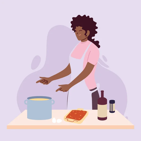 Genç bir kadın mutfakta lezzetli bir tarif pişiriyor. — Stok Vektör