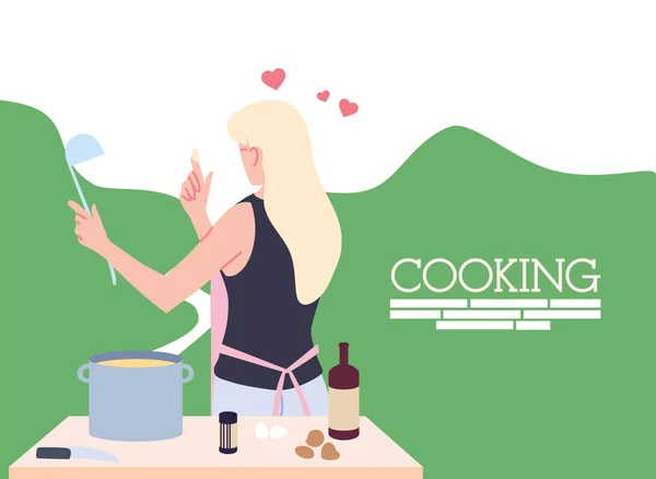 Giovane donna innamorata cucinare zuppa in cucina — Vettoriale Stock