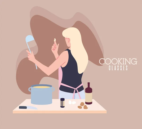 Mujer joven en clase de cocina haciendo sopa — Archivo Imágenes Vectoriales