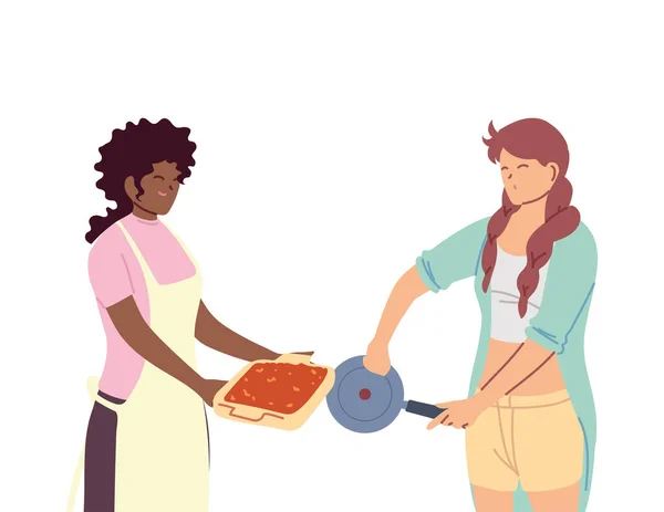 Młode kobiety gotujące z fartuchem i garnkiem — Wektor stockowy