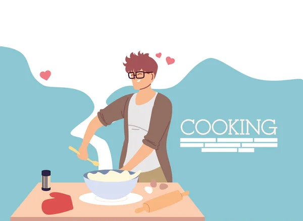 Young man in love cook preparing a cake — Stock Vector