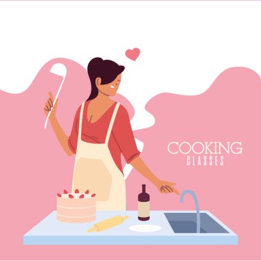 Aşık genç bir kadın kek pişiriyor.