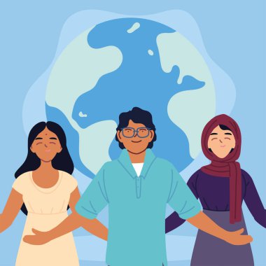 Hintli Müslüman kadın ve erkek çizgi filmleri dünya küresi vektör tasarımlı