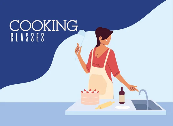 Mujer joven cocinera preparando un pastel en clase de cocina — Archivo Imágenes Vectoriales