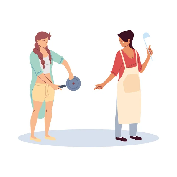 Mladé ženy vaří se zástěrou a hrncem — Stockový vektor