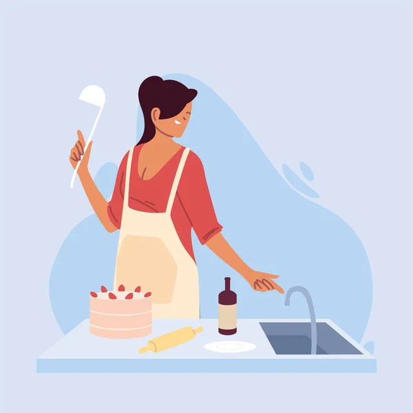 Jovem cozinheira preparando um bolo —  Vetores de Stock