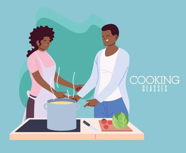 Pareja joven cocinando con delantal, una olla y utensilios de cocina — Archivo Imágenes Vectoriales