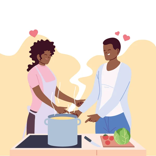 Young couple in love cooking with apron, a pot, and kitchen utensils — Stock Vector