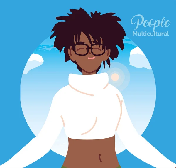 Negro mujer de dibujos animados en frente de cielo vector de diseño — Vector de stock