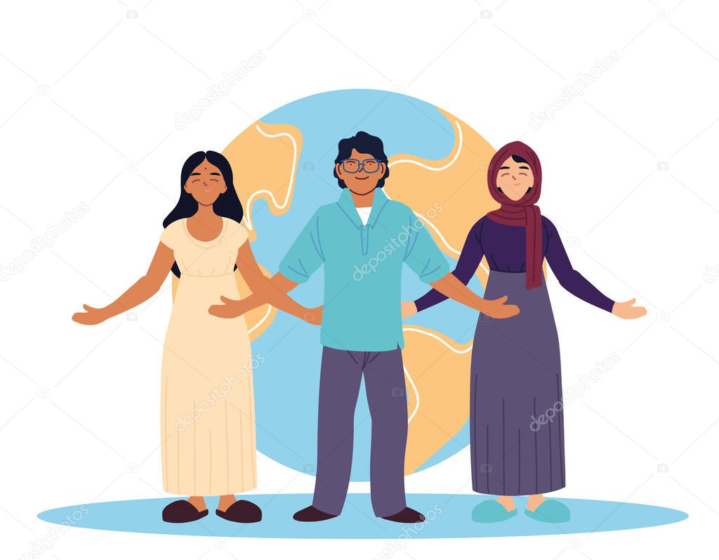 indian muslim women and man cartoons with world sphere vector design