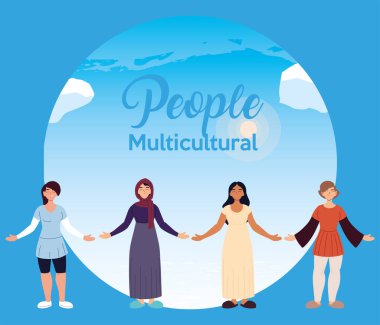Latin Müslüman Hintli ve Avrupalı kadın çizgi filmleri gökyüzü vektör tasarımının önünde