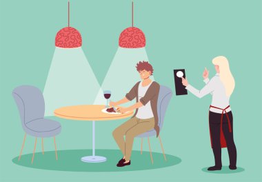 Lokantadaki adam ve üniformalı garson siparişi alıyor.