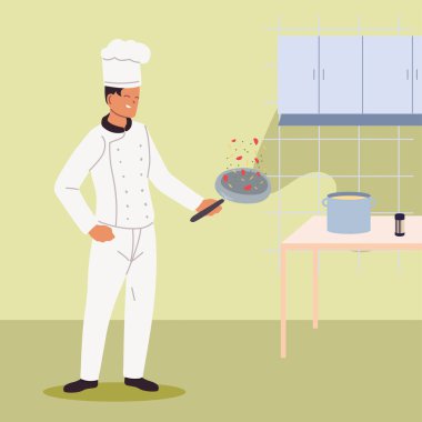 Üniformalı aşçı ve tavada tava.