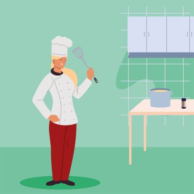 Mutfak elementleri olan kadın şef.