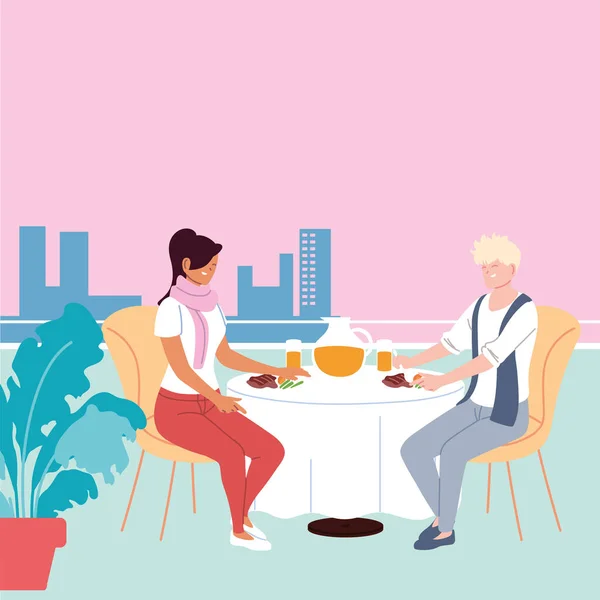Par kär i att äta middag och ha en juice i restaurangen — Stock vektor
