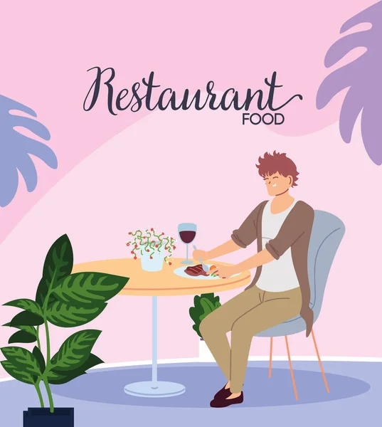 Junger Mann sitzt in einem schönen Restaurant beim Abendessen mit einem Glas Wein — Stockvektor