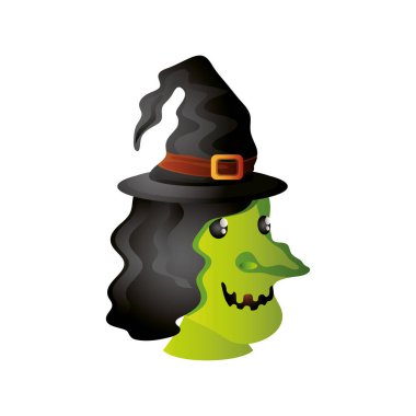 Beyaz arka planda cadılar bayramı için yaşlı yeşil derili cadı