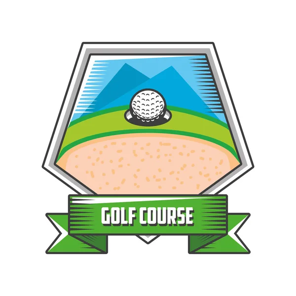 Etiqueta del campo de golf con escudo y pelota de golf sobre fondo blanco — Archivo Imágenes Vectoriales