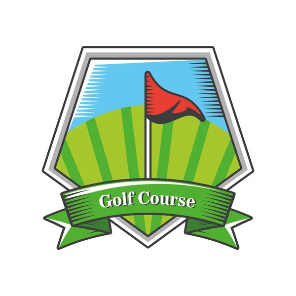Étiquette de terrain de golf avec bouclier et drapeau sur fond blanc — Image vectorielle