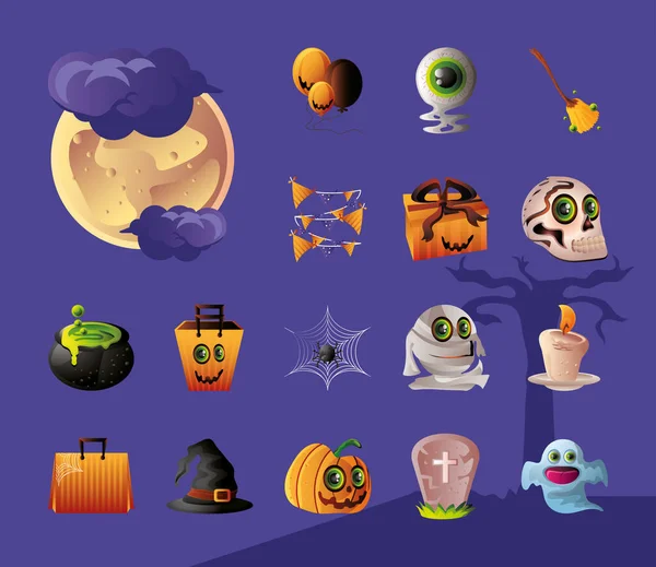 Conjunto de iconos para Halloween en fondo púrpura — Vector de stock