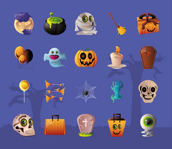 Sada ikon pro halloween přes fialové pozadí — Stockový vektor