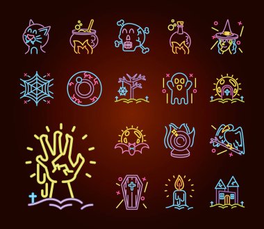 Mutlu cadılar bayramı için neon ışıklı semboller.