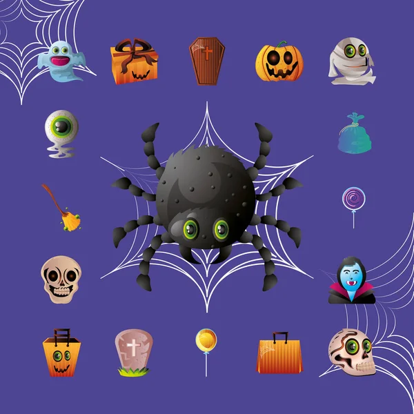 Set van pictogrammen voor Halloween op paarse achtergrond — Stockvector