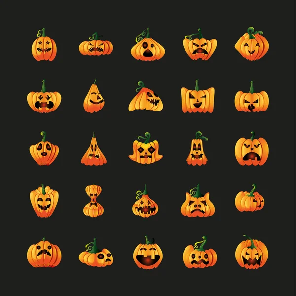 Ensemble d'icônes avec visage de citrouilles pour Halloween sur fond noir — Image vectorielle