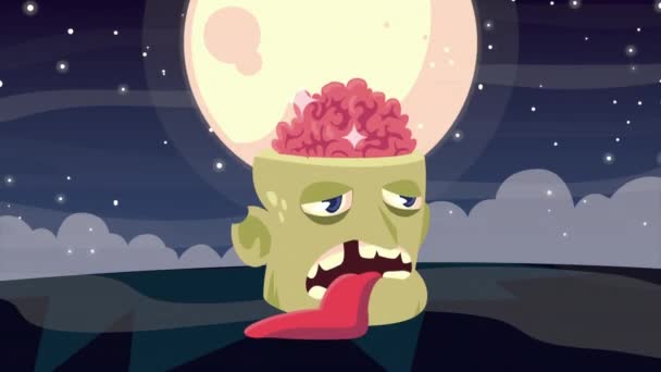 Gelukkig halloween animatie met zombie hoofd en maan — Stockvideo