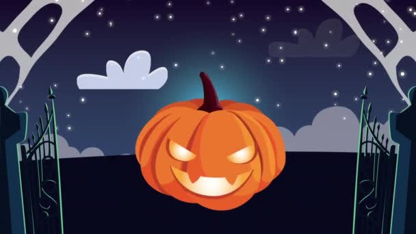Glad halloween animation med pumpa och kyrkogård grind — Stockvideo