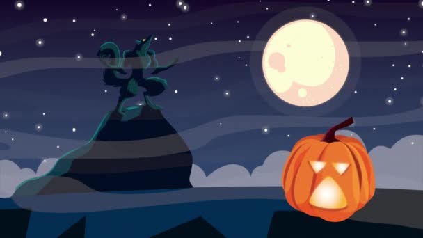 Happy halloween animation with werewolf and pumpkins — Stock Video