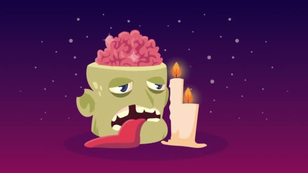 Fröhliche Halloween-Animation mit Zombiekopf und Kerzen — Stockvideo