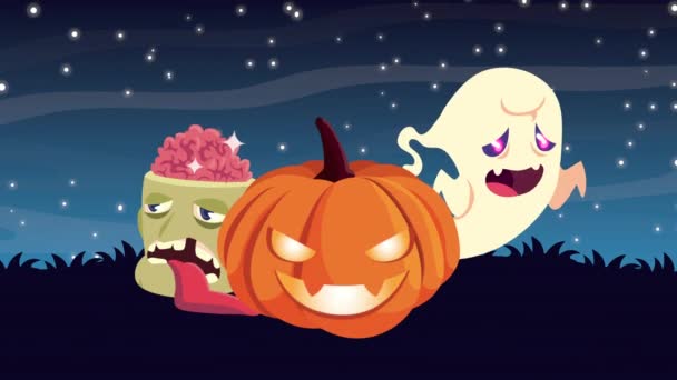 Glad halloween animation av pompkin med spöke och zombie huvud — Stockvideo