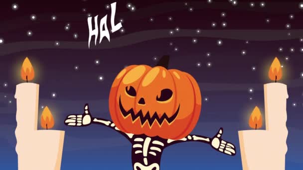 Glad halloween animation med pumpa skalle och ljus — Stockvideo