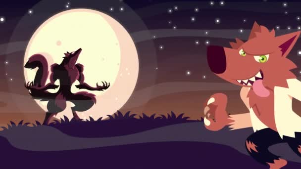 Happy halloween animation with werewolfs characters — Stock Video
