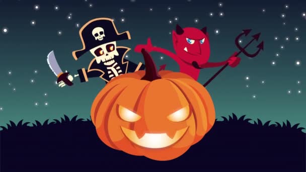 Χαρούμενη κολοκύθα Halloween animation με διάβολο και πειρατικό κρανίο — Αρχείο Βίντεο