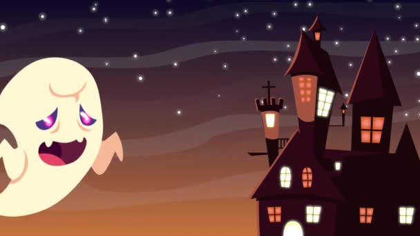 Feliz animación de Halloween con fantasma y castillo encantado — Vídeos de Stock