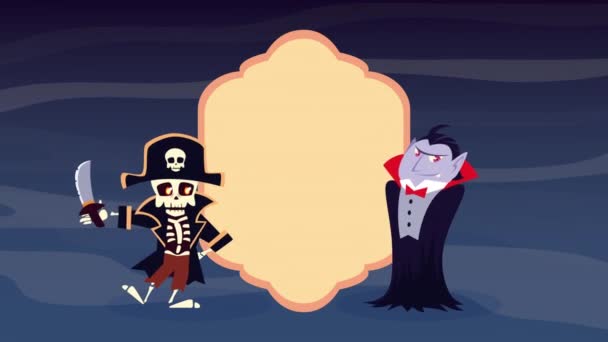 Gelukkig halloween animatie met dracula en piraat dood — Stockvideo