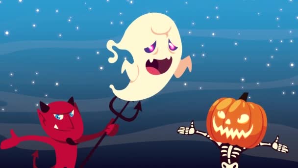 Heureux Halloween personnages d'animation de fantôme avec le diable et le crâne de citrouille — Video