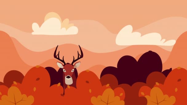 Halo animasi musim gugur dengan rusa liar dan adegan semak — Stok Video