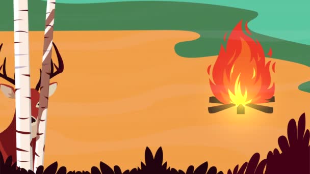 Ahoj podzimní animace s divokými soby a táborák lesní scény — Stock video
