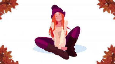 Merhaba sonbahar animasyonu. Yaprakları olan güzel bir kız.