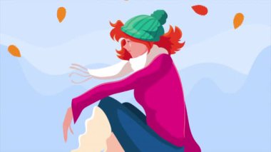 Merhaba sonbahar animasyonu. Gökyüzünde yaprakları olan güzel bir kız.